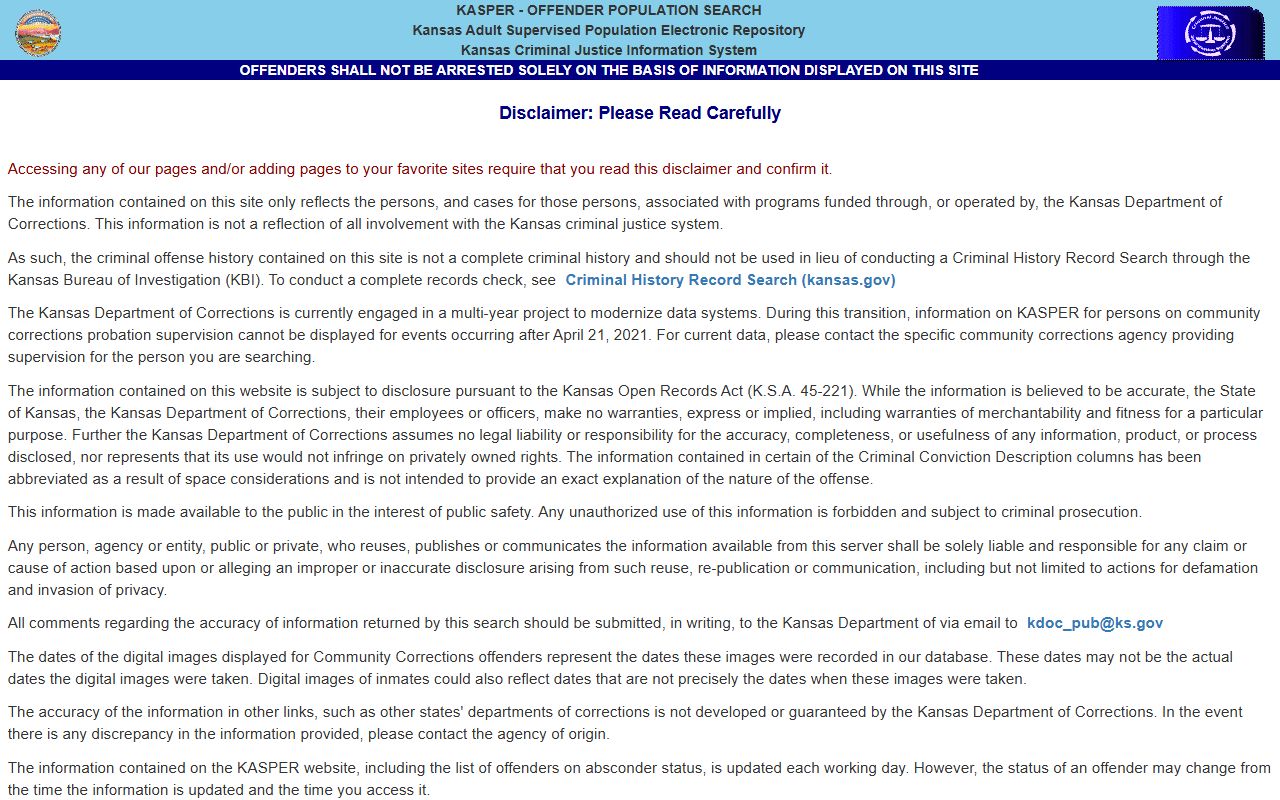 Geary County arrest records KDOC KASPER offender search source
