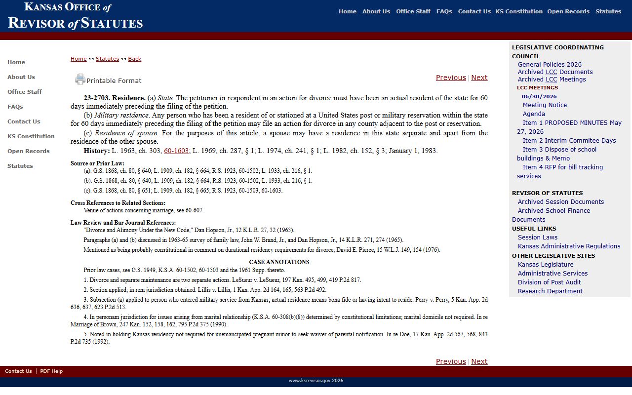 Geary County district court Kansas divorce residency statute