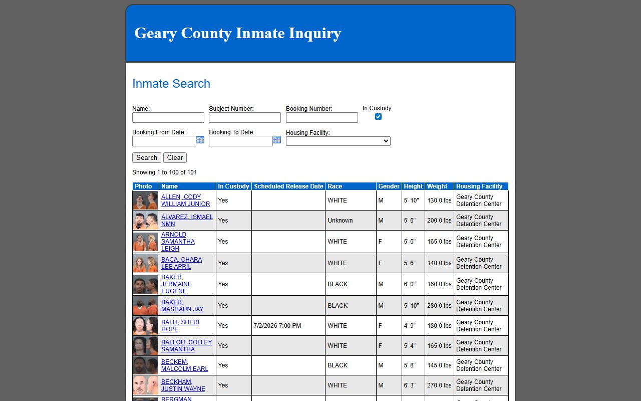 Geary County inmate records inmate inquiry roster search portal