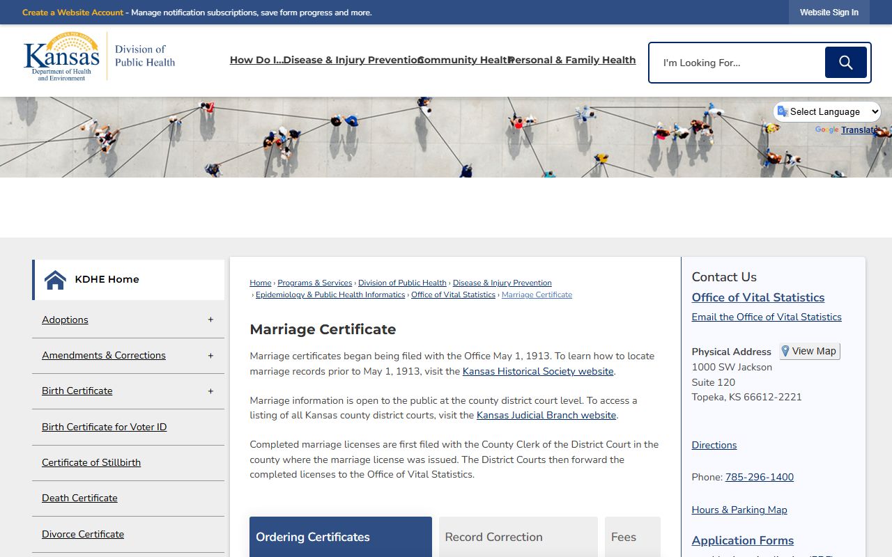 Geary County marriage records KDHE certificate ordering