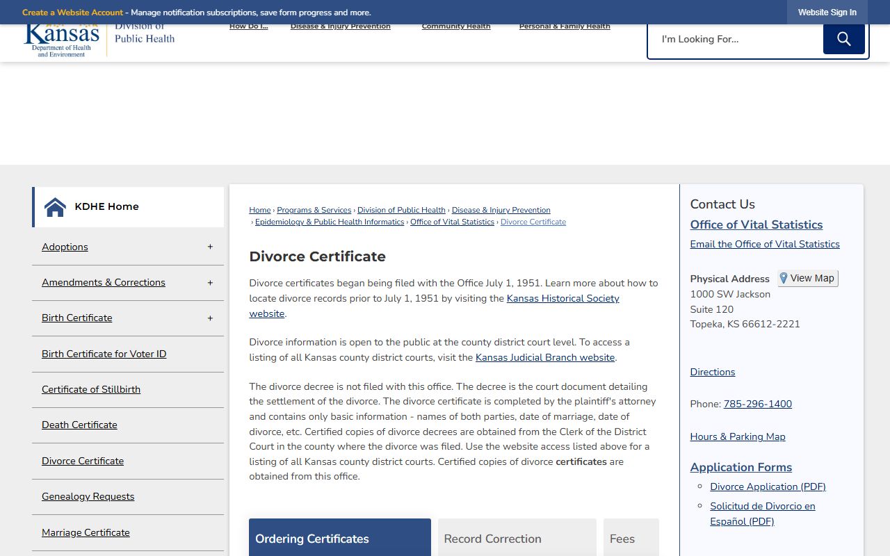 Geary County divorce records KDHE certificate ordering