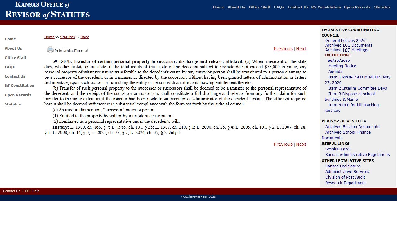 Geary County probate records Kansas small estates affidavit statute