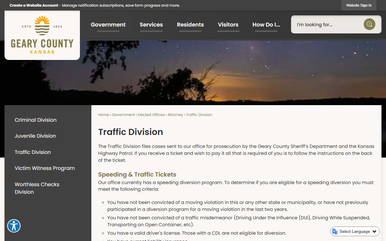 Geary County traffic court records County Attorney Traffic Division diversion page