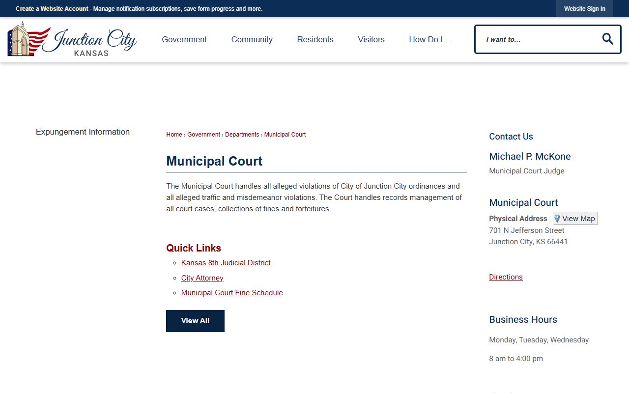 Geary County traffic court records Junction City Municipal Court page